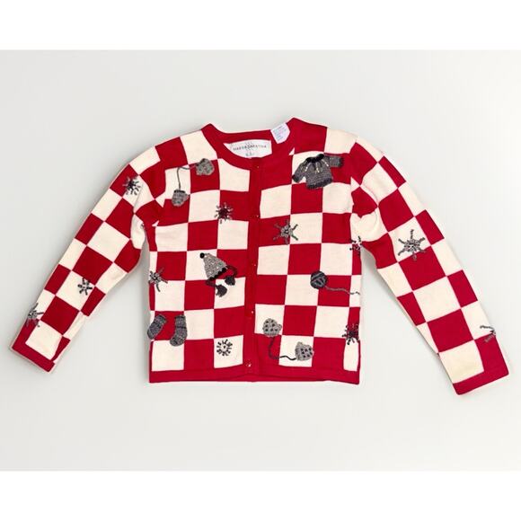 Marisa Christina KIDS Holiday Sweater S-4/5 Red White Checkerboard Gray Crochet - Picture 1 of 10